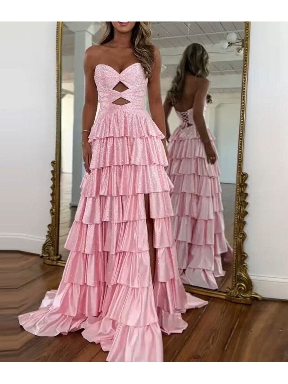 Bedazzled A Line Strapless Sweetheart Satin Long Prom Dress Keyhole Lace Back
